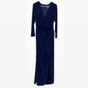 Betsy & Adam Cascade Ruffle Gown Womens 8 Navy Blue V-Neck Evening Long Maxi NWT